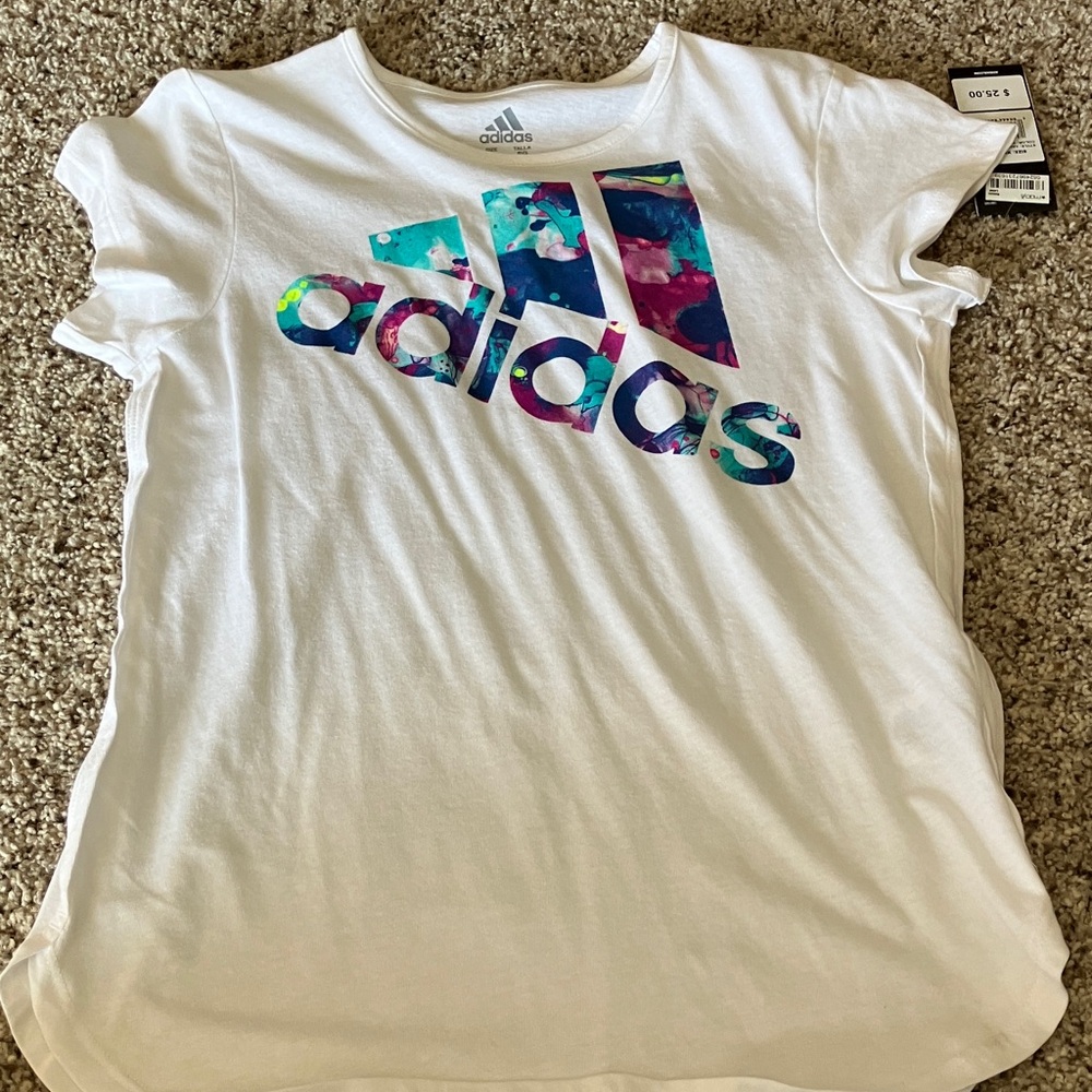 Adidas youth White Tee with Multicolor Logo XL